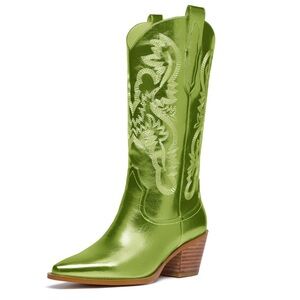 Lime Green Embroidered Heeled Boots